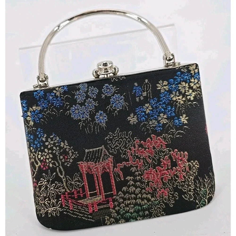 VINTAGE Purse Snap Lock Closure Needlepoint Tapestry Asia Print W/ Metal Details